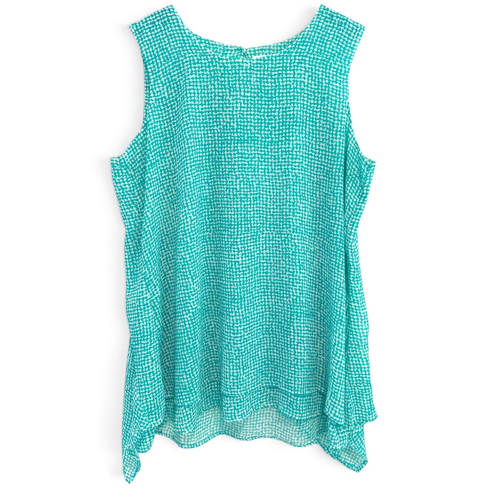 Fever Sleeveless Blouse Women L Teal White Geometric Boho Coastal Grandma Beachy